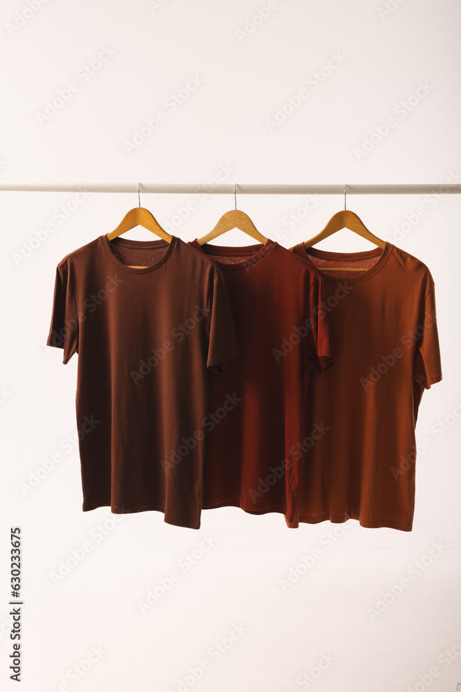 Fototapeta premium Three brown t shirts on hangers hanging from clothes rail and copy space on white background