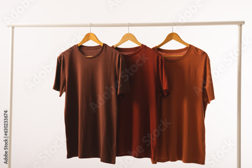 Three brown t shirts on hangers hanging from clothes rail and copy space on white background
