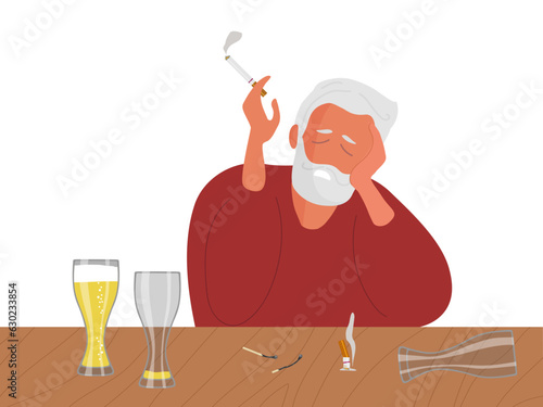Mature elderly man drinking beer and smoking cigarettes. Burnt matches, cigarette butt, beer glasses on table. Senior man drank lot of beer and smoking. Colored flat cartoon vector illustration.