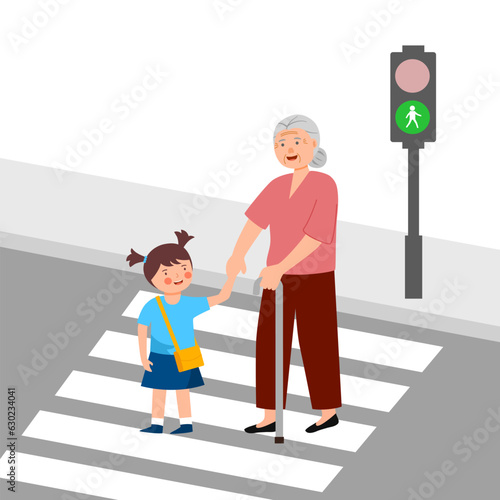 Happy girl child helping grandmother crossing street in flat design. Kids assist senior woman at crosswalk concept vector illustration.