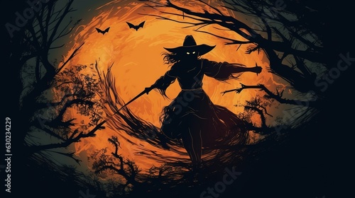 Halloween. A scary witch flies on a broom against the background of a full moon.