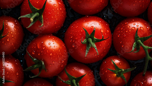 Top view of tomatoes with water drops background