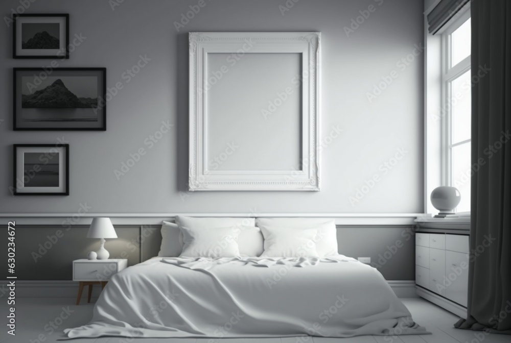 White empty frame in bedroom. generative ai White empty frame in bedroom. generative ai