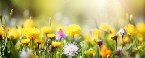 Beautiful colorful summer spring natural flower background in the form of a banner. Wildflowers and yellow dandelions on a bright sunny day with beautiful, Generative AI