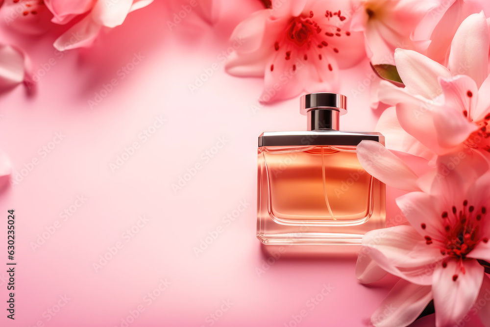 Floral perfume bottle with flowers on pink background. Generative AI. Floral perfume bottle with flowers on pink background. Generative AI.