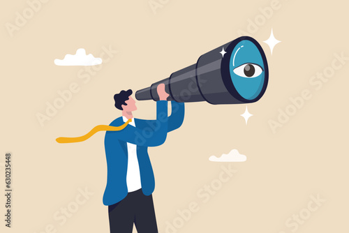 Search for opportunity, business vision, success direction or finding new employee, career future, secret discovery or research concept, businessman look through telescope or binoculars with big eye. photo