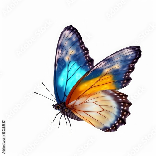 Very beautiful blue yellow orange butterfly in flight isolated on a transparent background, Generative AI © Richa