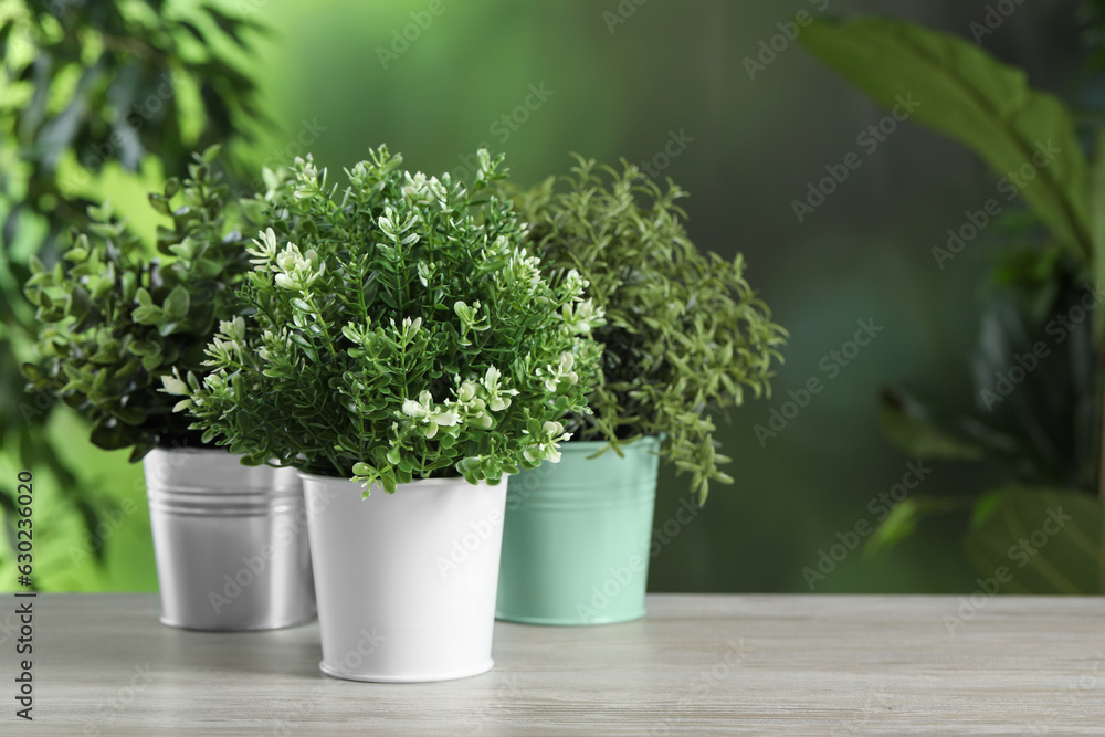 Different artificial potted herbs on white wooden table outdoors, space for text Different artificial potted herbs on white wooden table outdoors, space for text