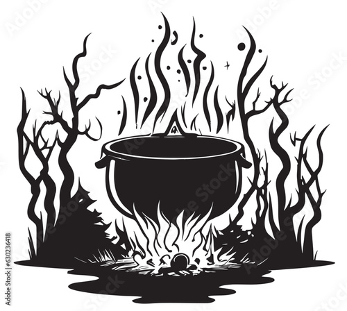 Witch cauldron on fire in the forest hand drawn sketch Halloween illustration