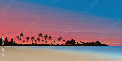 Seascape sunset vector illustration have blank space at the sky. Seaside landscape with palm trees, ocean coast, beach and dramatic sky flat design.