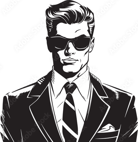 Hand-drawn Retro Man in sunglasses , Retro comics, American cartoon comic books and pulp novels black vector on a white background, illustration, vector, SVG