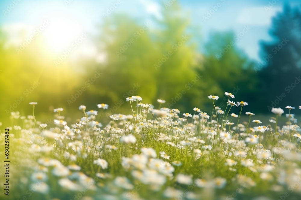 Fototapeta premium Beautiful blurred spring background nature with blooming glade chamomile, trees and blue sky on a sunny day, Generative AI