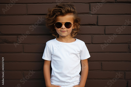 design mockup child with long blond hair wearing white blank t-shirt and sunglasses on a brown background, studio shot photo