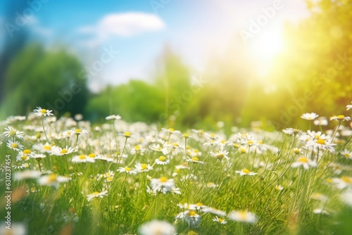 Beautiful blurred spring background nature with blooming glade chamomile, trees and blue sky on a sunny day, Generative AI