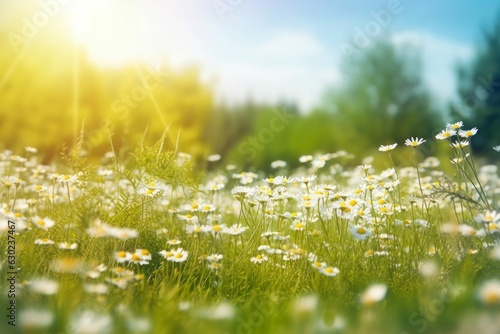 Beautiful blurred spring background nature with blooming glade chamomile, trees and blue sky on a sunny day, Generative AI