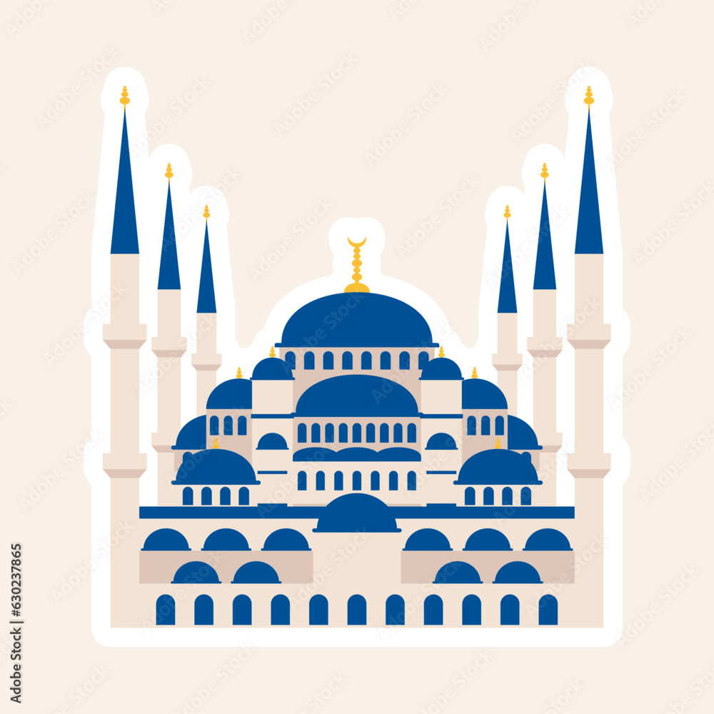 Fototapeta premium Sultan Ahmet Camii Mosque. Vector illustration. Islamic Turkish historic landmarks and sightseeings. Vector illustration. Blue element set.