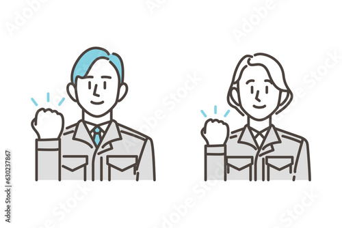 Male and female worker in work clothes fist pumping with a smile [Vector illustration]