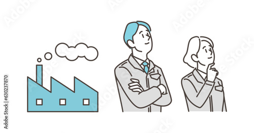 Male and female workers think in their work clothes against a factory background【Vector illustration】