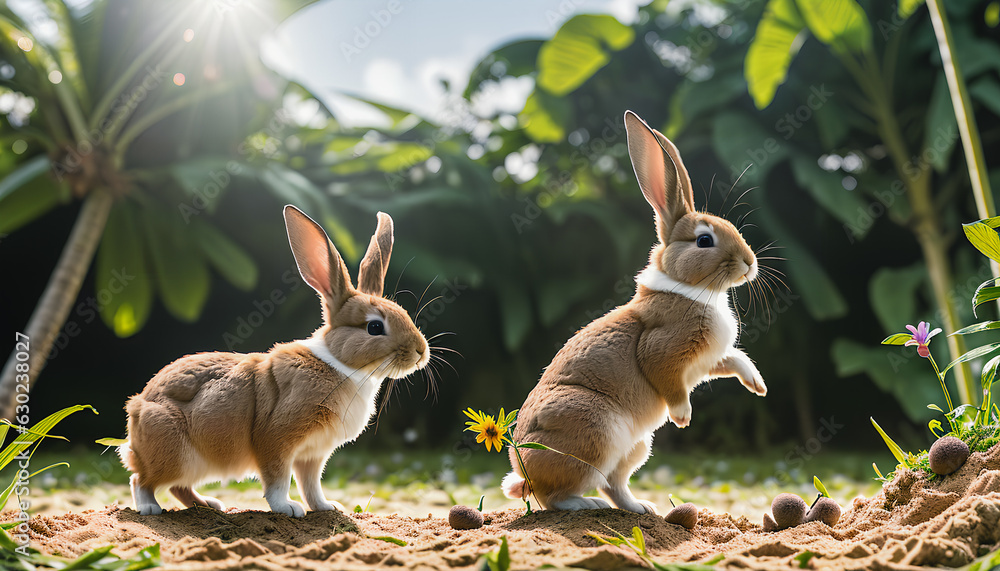 Rabbits frolicking on a paradise island. Generative AI. Rabbits frolicking on a paradise island. Generative AI.