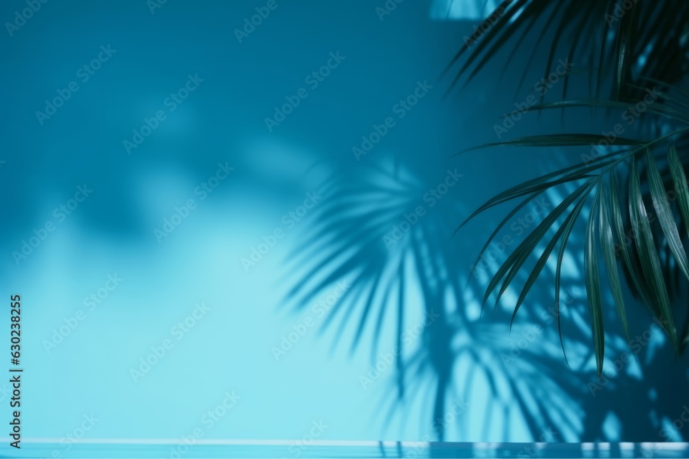 Blurred shadow from palm leaves on the blue wall. Minimal abstract background for product presentation. Spring and summer, Generative AI