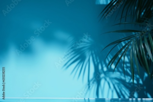 Blurred shadow from palm leaves on the blue wall. Minimal abstract background for product presentation. Spring and summer  Generative AI