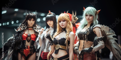 Cosplayer or cosplay posing for a group shot. Asian Cosplayer. Hand edited generative AI.