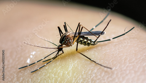 Dengue Aedes aegypti Mosquito on skin for dengue, zika and chikungunya fever disease © Shawon