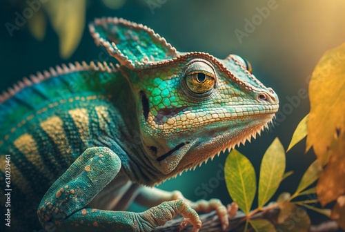 Green chameleon with textured skin close up  blurred tropical background. Generative AI.