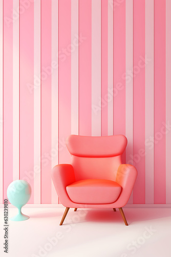 Abstract minimal concept. Pastel multi colour vibrant groovy retro striped background wall frame with bright armchair decor