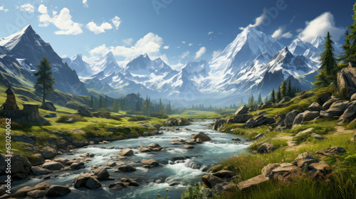 Beautiful mountain landscape with a small river in it. Generative AI