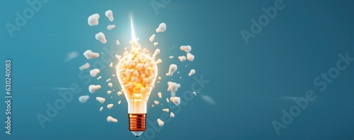 Light yellow bulb with a lot of ideas, brainstorming concept panorama . Generative Ai.