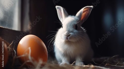 Cute baby rabbit as an Easter bunny with Easter eggs. Generative AI