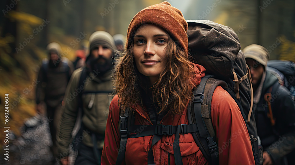 Female Backpacker with Friends Female Backpacker with Friends