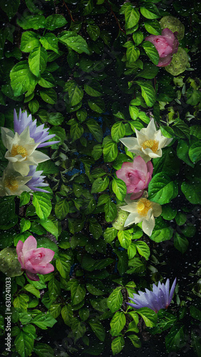 Lotus flowers woven into leaves behind wet glass with galaxy like glow in background drops running down (ID: 630241033)