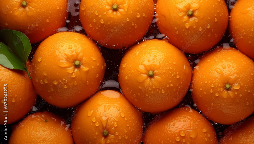 Top view of bright ripe fragrant delicious oranges with water drops Top view of bright ripe fragrant delicious oranges with water drops