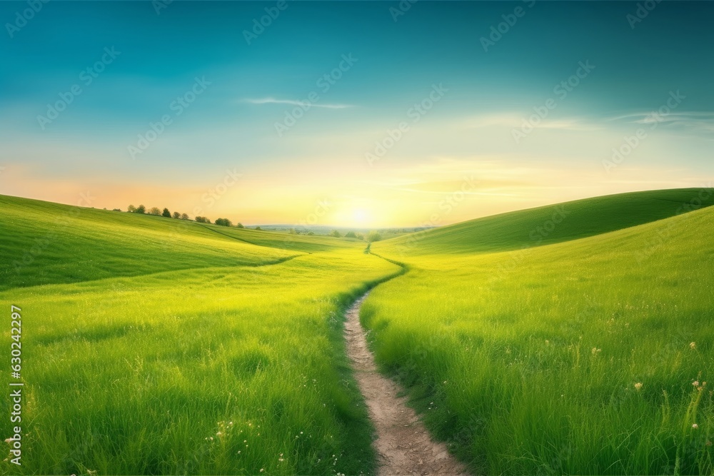 Picturesque winding path through a green grass field in hilly area in morning at dawn against blue sky with clouds. Natural panoramic spring summer, Generative AI