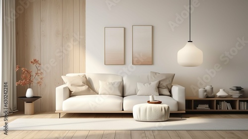 Wooden floor and beige white-toned living room interior. Generative AI