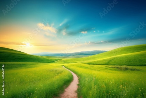 Picturesque winding path through a green grass field in hilly area in morning at dawn against blue sky with clouds. Natural panoramic spring summer  Generative AI