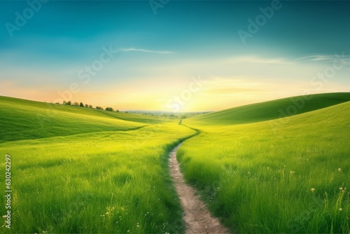 Picturesque winding path through a green grass field in hilly area in morning at dawn against blue sky with clouds. Natural panoramic spring summer  Generative AI