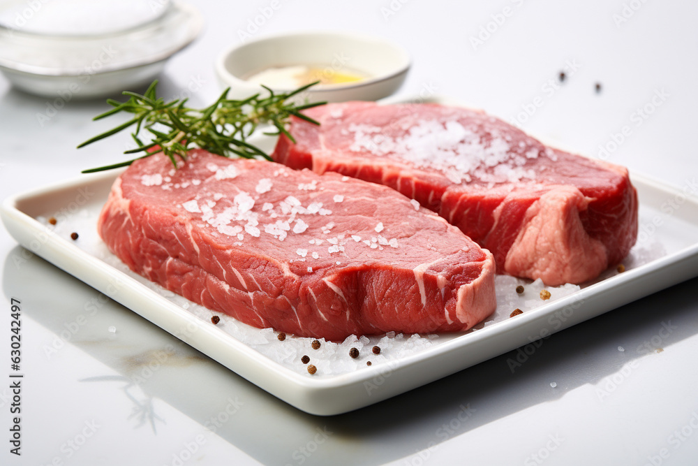 Raw meat with salt and rosemary on a white plate on a white background