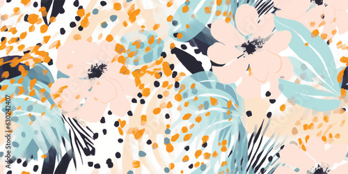 Floral seamless vector pattern with leopard print. Modern trendy style. Pastel colors. Fashionable template for design