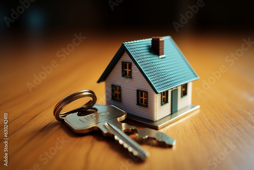 House key with keychain on a wooden background. Mortgage concept.