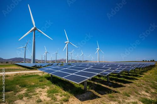 Photovoltaic panels and wind turbines in a solar power plant
