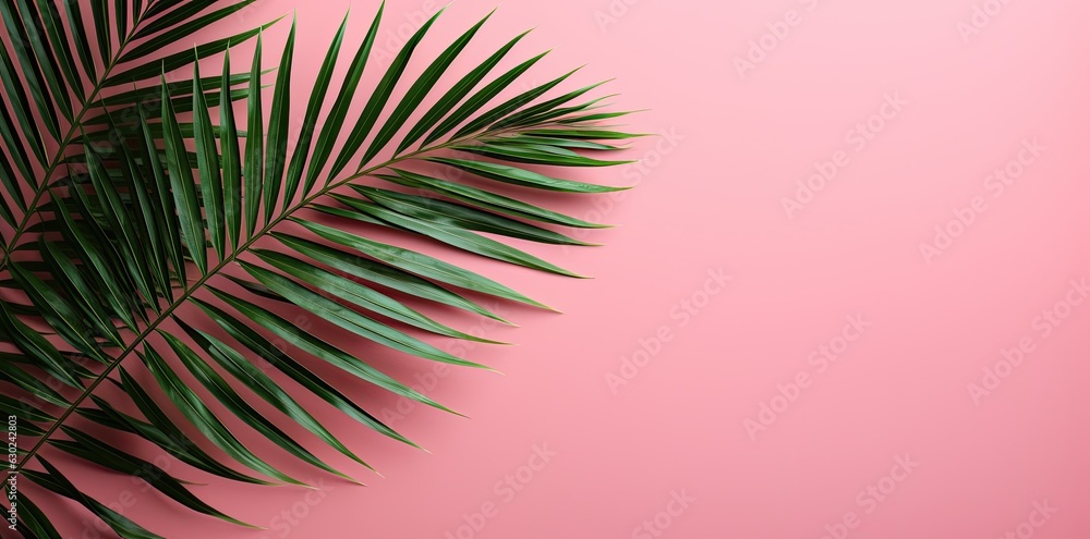 A vivid contrast of vibrant green and passionate pink captures the beauty of a lush palm tree leaf against a vibrant background