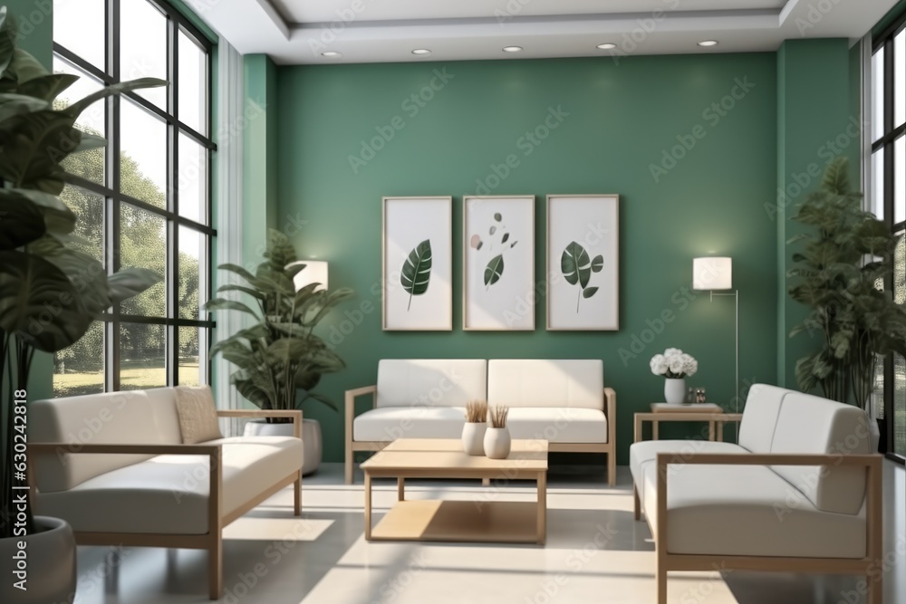Lobby and reception of medical clinic, Green themed doctors office medical waiting room. Lobby and reception of medical clinic, Green themed doctors office medical waiting room.