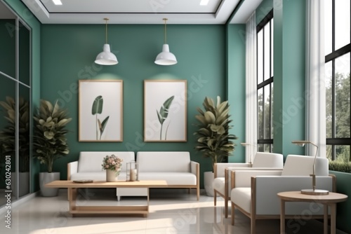 Lobby and reception of medical clinic, Green themed doctors office medical waiting room.