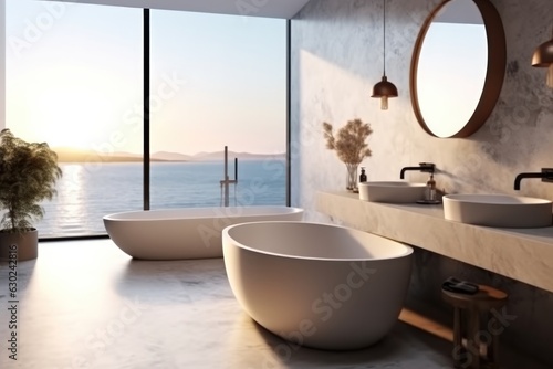 Modern minimalist bathroom design with sea view. © visoot