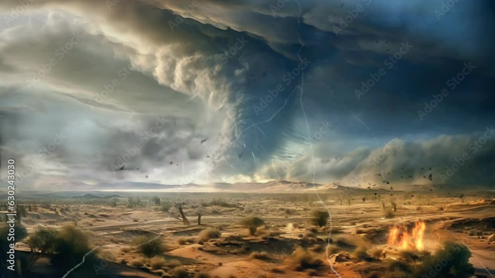 Big tornado at the desert with lightning. Thunder storm loop 4k video