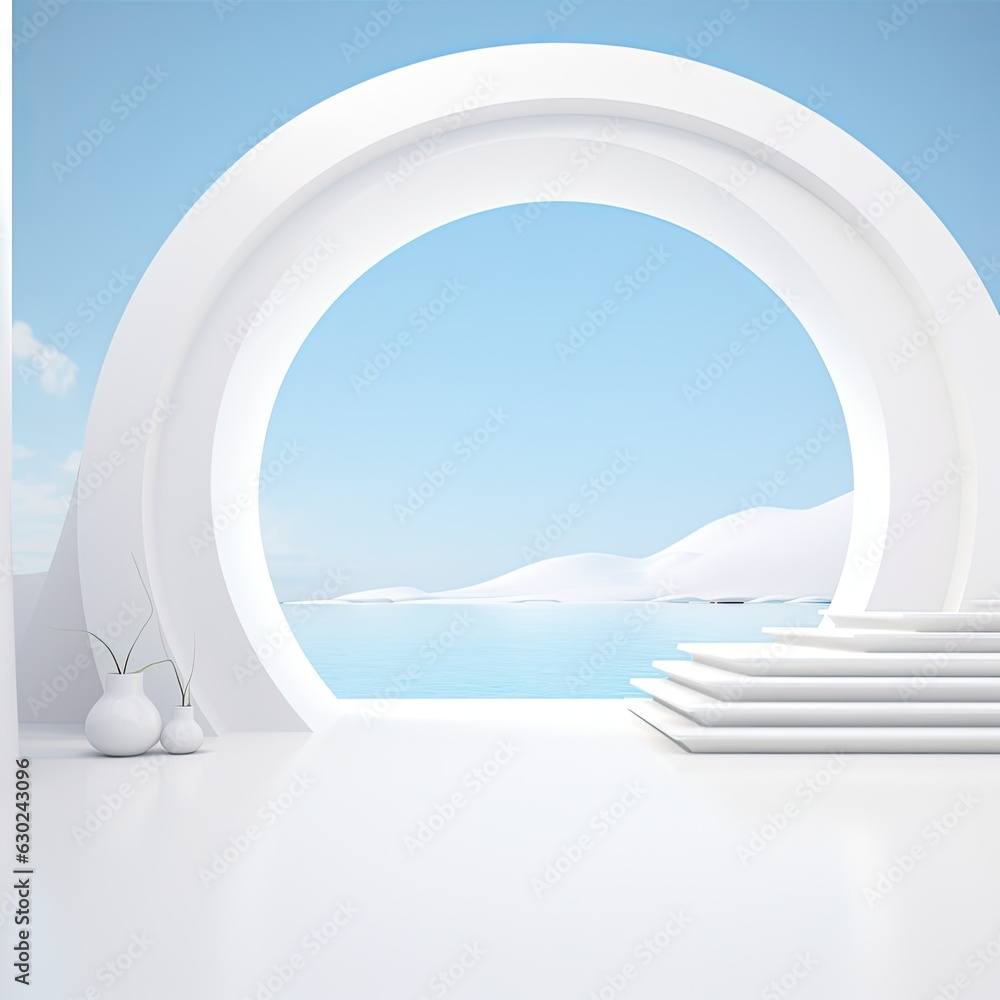 A sky of infinite possibilities stretches above a pristine white room, its circular arch and water-like stairs a mesmerizing design to behold