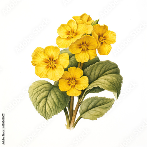 A yellow primrose plant, Primula vulgaris, isolated on a white background. In the style or an old book plate illustration.